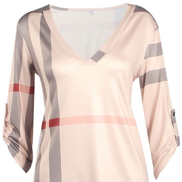 Elevesee 2/3 sleeve plaid V-neck pullover - Picture 3 of 5